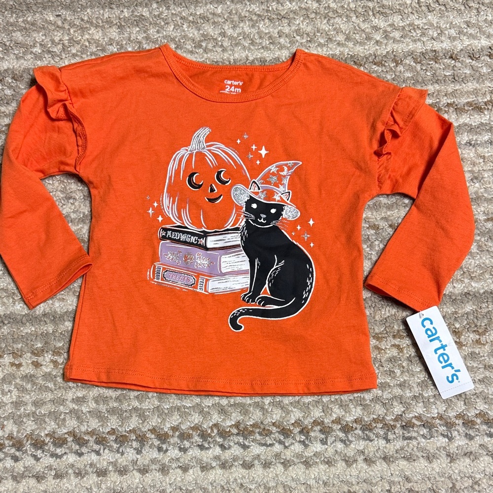 Carter's Orange Halloween Cat & Pumpkin Long Sleeve Tee Size 24 Months NWT